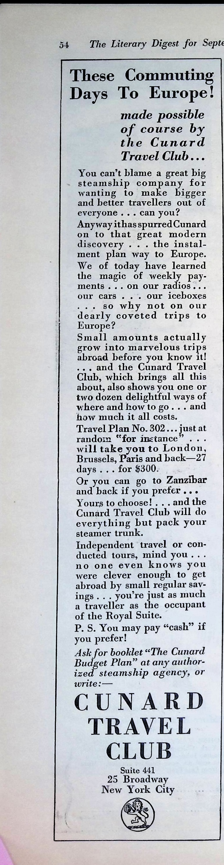 Advertisement 1928.CunardTravelCulb